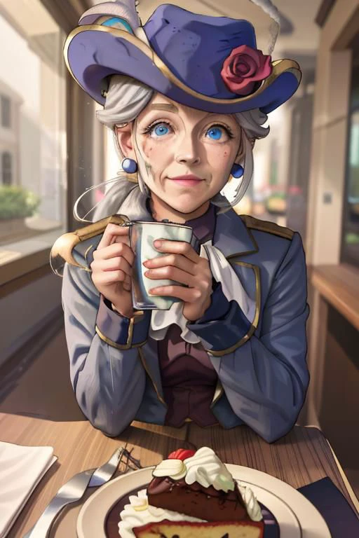 dashing, confident, pov across table,looking at viewer,sitting, HoldingACupofCoffee BREAK
CONCEPT_pov_dating_ownwaifu,www.ownwaifu.com,
1girl,solo,cup,food,smile,table,plate,blurry,drinking glass,fork,depth of field,blurry background,holding,indoors,blurry foreground,cake,restaurant,spoon,cafe,glass,ice cube,head rest, holding a drink,
<lora:CONCEPT_pov_dating_ownwaifu:1>, BREAK
Swordfighter_Peach, solo, 1girl, hat, gray hair, blue eyes, jewelry, earrings, long hair, hat feather, pants, ascot, red rose, hat flower, ponytail, white pants, white gloves, boots, blue jacket, long sleeves, wrinkled face
BREAK, official art,extremely detailed CG unity 8k wallpaper, perfect lighting,Colorful, Bright_Front_face_Lighting,shiny skin, (masterpiece:1.0),(best_quality:1.0), ultra high res,4K,ultra-detailed, photography, 8K, HDR, highres, (absurdres:1.2), Kodak portra 400, film grain, blurry background, (bokeh:1.2), lens flare, (vibrant_color:1.2),professional photograph, (beautiful_face:1.5),