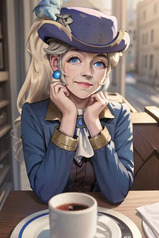 dashing, confident, pov across table,looking at viewer,sitting, HoldingACupofCoffee BREAK
CONCEPT_pov_dating_ownwaifu,www.ownwaifu.com,
1girl,solo,cup,food,smile,table,plate,blurry,drinking glass,fork,depth of field,blurry background,holding,indoors,blurry foreground,cake,restaurant,spoon,cafe,glass,ice cube,head rest, holding a drink,
<lora:CONCEPT_pov_dating_ownwaifu:1>, BREAK
Swordfighter_Peach, solo, 1girl, hat, gray hair, blue eyes, jewelry, earrings, long hair, hat feather, pants, ascot, red rose, hat flower, ponytail, white pants, white gloves, boots, blue jacket, long sleeves, wrinkled face
BREAK, official art,extremely detailed CG unity 8k wallpaper, perfect lighting,Colorful, Bright_Front_face_Lighting,shiny skin, (masterpiece:1.0),(best_quality:1.0), ultra high res,4K,ultra-detailed, photography, 8K, HDR, highres, (absurdres:1.2), Kodak portra 400, film grain, blurry background, (bokeh:1.2), lens flare, (vibrant_color:1.2),professional photograph, (beautiful_face:1.5),