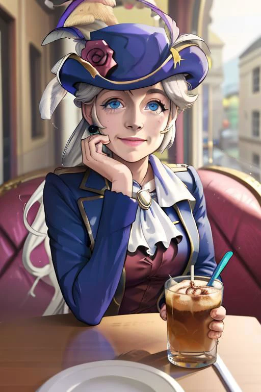 dashing, confident, pov across table,looking at viewer,sitting, HoldingACupofCoffee BREAK
CONCEPT_pov_dating_ownwaifu,www.ownwaifu.com,
1girl,solo,cup,food,smile,table,plate,blurry,drinking glass,fork,depth of field,blurry background,holding,indoors,blurry foreground,cake,restaurant,spoon,cafe,glass,ice cube,head rest, holding a drink,
<lora:CONCEPT_pov_dating_ownwaifu:1>, BREAK
Swordfighter_Peach, solo, 1girl, hat, gray hair, blue eyes, jewelry, earrings, long hair, hat feather, pants, ascot, red rose, hat flower, ponytail, white pants, white gloves, boots, blue jacket, long sleeves, wrinkled face
BREAK, official art,extremely detailed CG unity 8k wallpaper, perfect lighting,Colorful, Bright_Front_face_Lighting,shiny skin, (masterpiece:1.0),(best_quality:1.0), ultra high res,4K,ultra-detailed, photography, 8K, HDR, highres, (absurdres:1.2), Kodak portra 400, film grain, blurry background, (bokeh:1.2), lens flare, (vibrant_color:1.2),professional photograph, (beautiful_face:1.5),