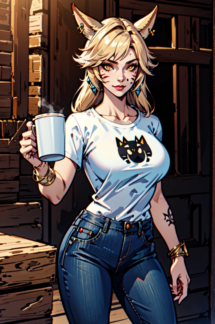 1 girl, solo, large breasts, HoldingACupofCoffee,tshirt, jeans, Simple-Miqote
