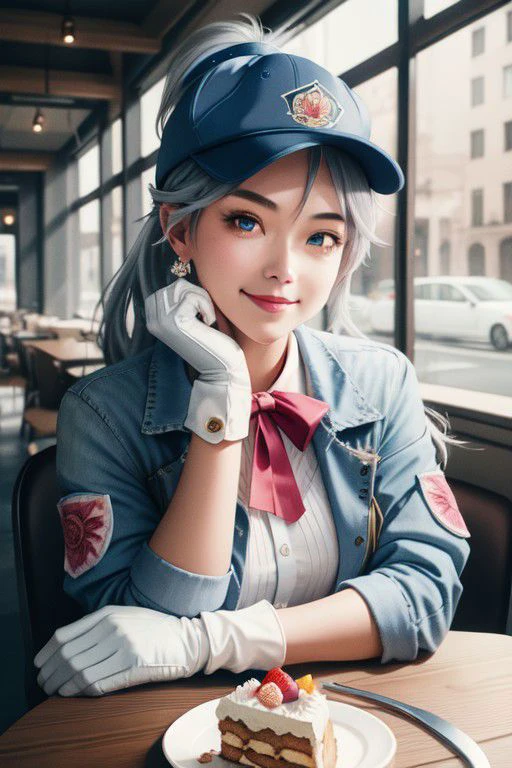 dashing, confident, pov across table,looking at viewer,sitting, HoldingACupofCoffee BREAK
CONCEPT_pov_dating_ownwaifu,www.ownwaifu.com,
1girl,solo,cup,food,smile,table,plate,blurry,drinking glass,fork,depth of field,blurry background,holding,indoors,blurry foreground,cake,restaurant,spoon,cafe,glass,ice cube,head rest
<lora:CONCEPT_pov_dating_ownwaifu:1>, BREAK
Swordfighter_Peach, solo, 1girl, hat, gray hair, blue eyes, jewelry, earrings, long hair, hat feather, pants, ascot, red rose, hat flower, ponytail, white pants, (white gloves:1.1), boots, blue jacket, long sleeves, wrinkled face
BREAK, official art,extremely detailed CG unity 8k wallpaper, perfect lighting,Colorful, Bright_Front_face_Lighting,shiny skin, (masterpiece:1.0),(best_quality:1.0), ultra high res,4K,ultra-detailed, photography, 8K, HDR, highres, (absurdres:1.2), Kodak portra 400, film grain, blurry background, (bokeh:1.2), lens flare, (vibrant_color:1.2),professional photograph, (beautiful_face:1.5),