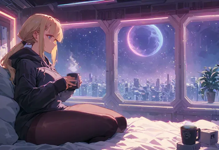 score_9,score_8_up,score_7_up,score_6_up, 1girl, 
 sitting in bed next to a large window, holding coffee cup, holding steaming coffee cup, wearing over sized hoodie, black hoodie, long hair, blonde hair, low ponytail hairstyle, pov from the side, sitting on the bed, hoodie, plants on the windowsill, looking out the window, looking away from viewer, background through window is vast space, galaxy background, wearing tights, leggings, black tights, thick thighs, night sky, night time, starry sky, cyberpunk city view out of the window, neon light, purple neon lights