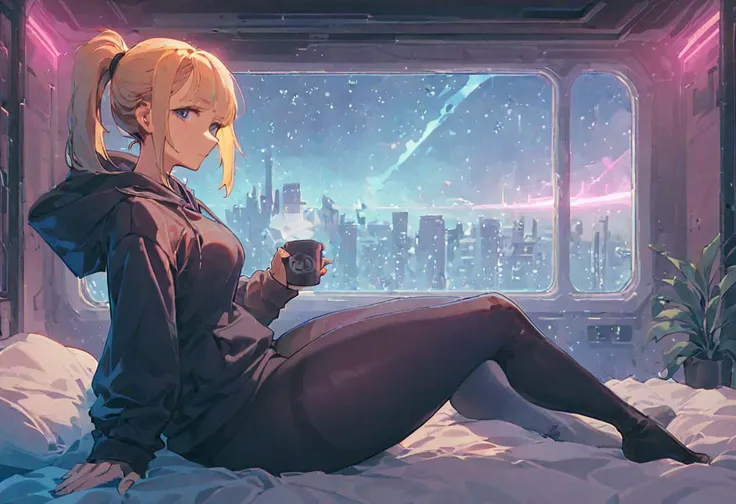 score_9,score_8_up,score_7_up,score_6_up, 1girl, 
 sitting in bed next to a large window, holding coffee cup, holding steaming coffee cup, wearing croptop hoodie, black croptop hoodie, long hair, blonde hair, low ponytail hairstyle, pov from the side, sitting on the bed, hoodie, plants on the windowsill, looking out the window, looking away from viewer, background through window is vast space, galaxy background, wearing tights, leggings, black tights, thick thighs, night sky, night time, starry sky, cyberpunk city view out of the window, neon light, purple neon lights