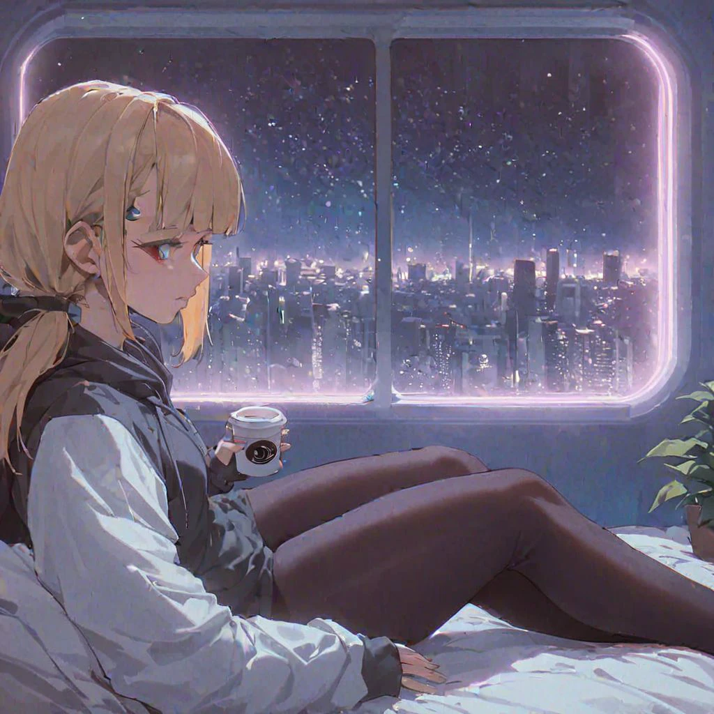 score_9,score_8_up,score_7_up,score_6_up, 1girl,
sitting in bed next to a large window, holding coffee cup, holding steaming coffee cup, wearing over sized hoodie, black hoodie, long hair, blonde hair, low ponytail hairstyle, pov from the side, sitting on the bed, hoodie, plants on the windowsill, looking out the window, looking away from viewer, background through window is vast space, galaxy background, wearing tights, leggings, black tights, thick thighs, night sky, night time, starry sky, cyberpunk city view out of the window, neon light, purple neon lights