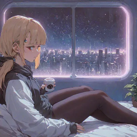 score_9,score_8_up,score_7_up,score_6_up, 1girl, 
 sitting in bed next to a large window, holding coffee cup, holding steaming coffee cup, wearing over sized hoodie, black hoodie, long hair, blonde hair, low ponytail hairstyle, pov from the side, sitting on the bed, hoodie, plants on the windowsill, looking out the window, looking away from viewer, background through window is vast space, galaxy background, wearing tights, leggings, black tights, thick thighs, night sky, night time, starry sky, cyberpunk city view out of the window, neon light, purple neon lights