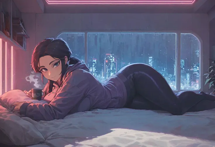 score_9,score_8_up,score_7_up,score_6_up, 1girl, 
 sitting in bed next to a large window, holding coffee cup, steaming coffee cup on windowsill, wearing croptop hoodie, black croptop hoodie, long hair, black hair, low ponytail hairstyle, pov from outside, view from putside the window looking into the room, looking out window, head resting on pillow laying on the bed, hoodie, plants on the windowsill, looking out the window, looking at viewer, background is the bedroom, tidy bedrrom, small room, cramped bedroom, teddies on the bed,, wearing legging, see through thights, black tights, cyberpunk city view out of the window, neon light, purple neon lights, has a vape