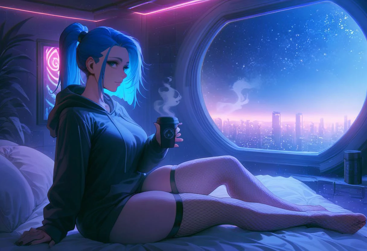 score_9,score_8_up,score_7_up,score_6_up, 1girl,
sitting in bed next to a large window, holding coffee cup, holding steaming coffee cup, wearing croptop hoodie, black croptop hoodie, long hair, blue hair, low ponytail hairstyle, pov from the side, sitting on the bed, hoodie, plants on the windowsill, looking out the window, looking away from viewer, background through window is vast space, galaxy background, wearing fishnets, fishnets, black fishnet stockings, thighs, night sky, night time, starry sky, cyberpunk city view out of the window, neon light, purple neon lights