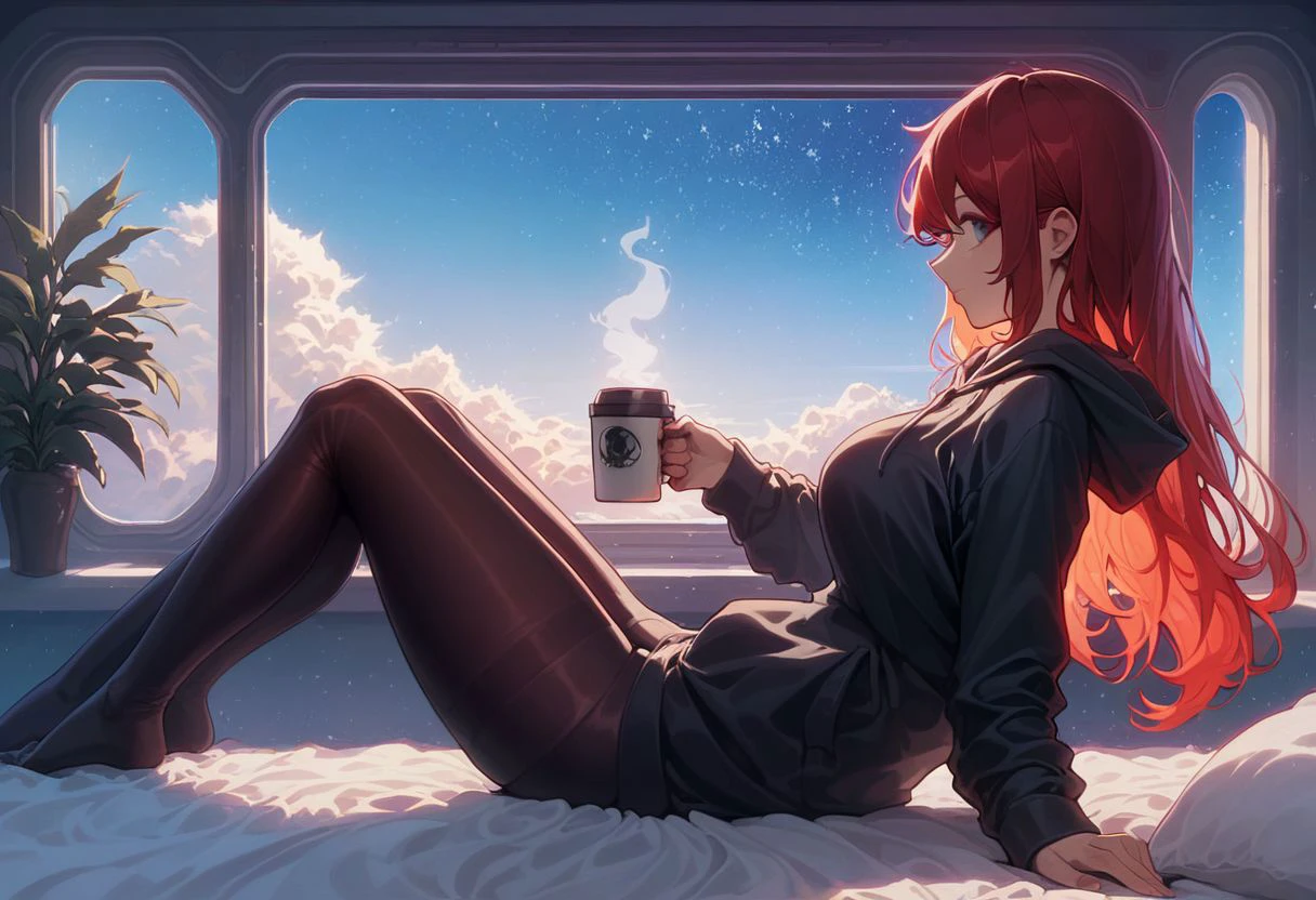 score_9,score_8_up,score_7_up,score_6_up, 1girl,
sitting in bed next to a large window, holding coffee cup, steaming coffee cup, wearing over sized hoodie, black hoodie, long hair, red hair, pov from the side, sitting with knees against chest, hoodie over legs, plants on the windowsill, looking out the window, looking away from viewer, background through window is vast space, galaxy background, wearing tights, leggings, black tights