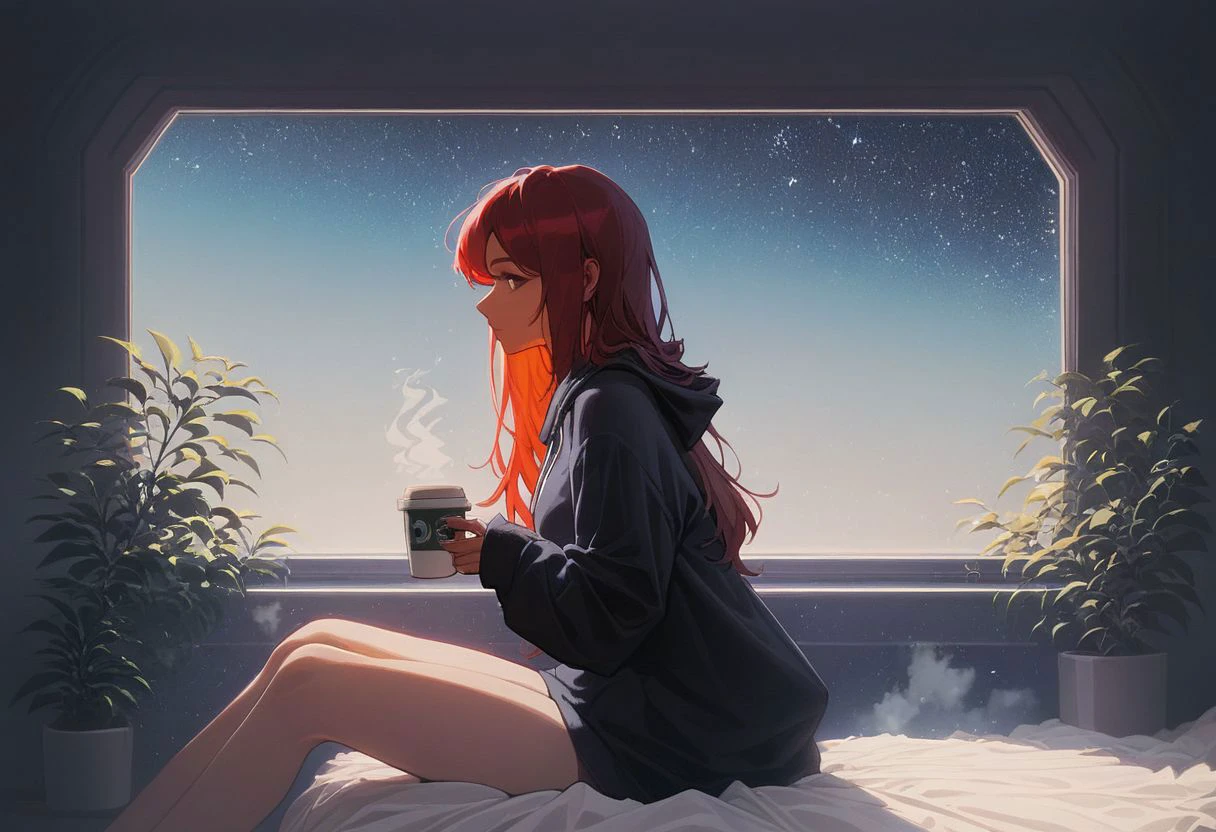score_9,score_8_up,score_7_up,score_6_up, 1girl,
sitting in bed next to a large window, holding coffee cup, steaming coffee cup, wearing over sized hoodie, black hoodie, long hair, red hair, pov from the side, sitting with knees against chest, hoodie over legs, plants on the windowsill, looking out the window, looking away from viewer, background through window is vast space, galaxy background
