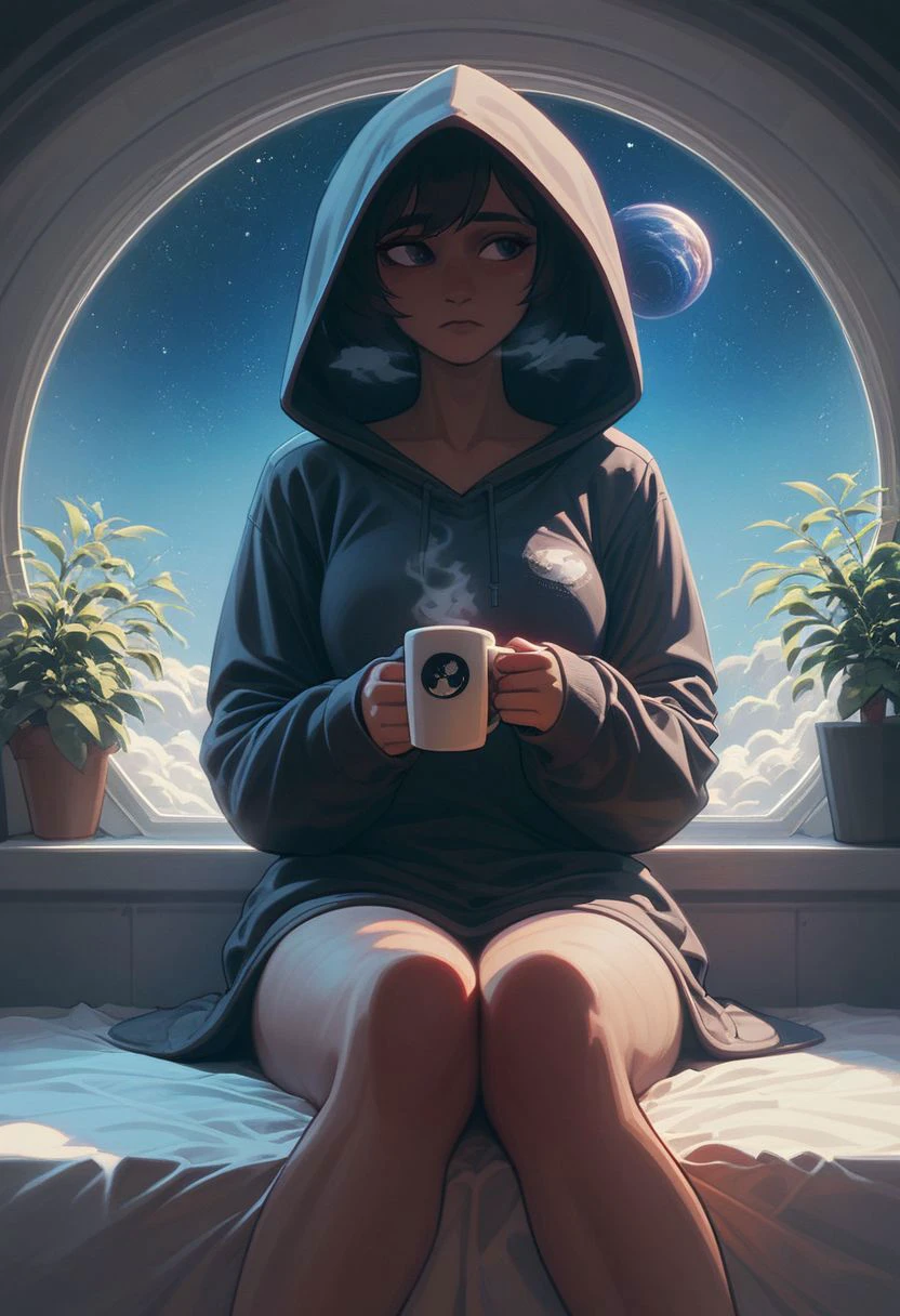 score_9,score_8_up,score_7_up,score_6_up, 1girl,
sitting in bed next to a large window, holding coffee cup, steaming coffee cup, wearing over sized hoodie, black hoodie, sotting with knees against chest, hoodie over legs, plants on the windowsill, looking out the window, looking away from viewer, background through window is vast space, galaxy background