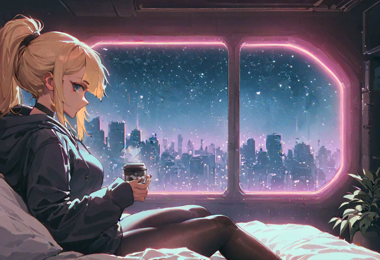 score_9,score_8_up,score_7_up,score_6_up, 1girl,
sitting in bed next to a large window, holding coffee cup, holding steaming coffee cup, wearing croptop hoodie, black croptop hoodie, long hair, blonde hair, low ponytail hairstyle, pov from the side, sitting on the bed, hoodie, plants on the windowsill, looking out the window, looking away from viewer, background through window is vast space, galaxy background, wearing tights, leggings, black tights, thick thighs, night sky, night time, starry sky, cyberpunk city view out of the window, neon light, purple neon lights