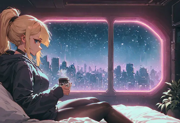 score_9,score_8_up,score_7_up,score_6_up, 1girl, 
 sitting in bed next to a large window, holding coffee cup, holding steaming coffee cup, wearing croptop hoodie, black croptop hoodie, long hair, blonde hair, low ponytail hairstyle, pov from the side, sitting on the bed, hoodie, plants on the windowsill, looking out the window, looking away from viewer, background through window is vast space, galaxy background, wearing tights, leggings, black tights, thick thighs, night sky, night time, starry sky, cyberpunk city view out of the window, neon light, purple neon lights