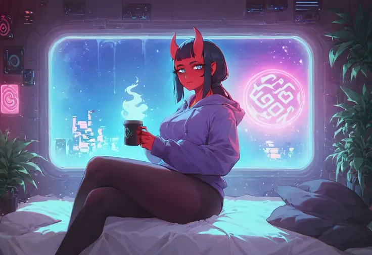 score_9,score_8_up,score_7_up,score_6_up, 1girl, 
 sitting in bed next to a large window, holding coffee cup, holding steaming coffee cup, wearing croptop hoodie, black croptop hoodie, long hair, black hair, blue strip in hair low ponytail hairstyle, red skin, demon girl, small horn on head, devil horns, pov from the side, sitting on the bed, hoodie, plants on the windowsill, looking out the window, looking away from viewer, background through window is vast space, galaxy background, wearing tights, leggings, black tights, thighs, night time, cyberpunk city view out of the window, neon light, purple neon lights, raining outside, heaving rain outside, girl is dry, no rain inside