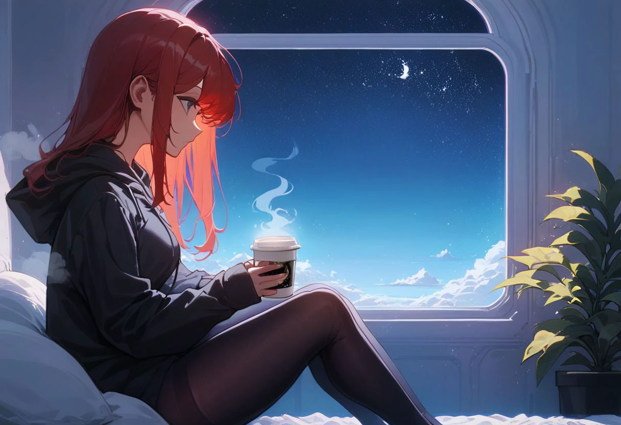 score_9,score_8_up,score_7_up,score_6_up, 1girl,
sitting in bed next to a large window, holding coffee cup, steaming coffee cup, wearing over sized hoodie, black hoodie, long hair, red hair, pov from the side, sitting with knees against chest, hoodie over legs, plants on the windowsill, looking out the window, looking away from viewer, background through window is vast space, galaxy background, wearing tights, leggings, black tights, night sky, night time, starry sky