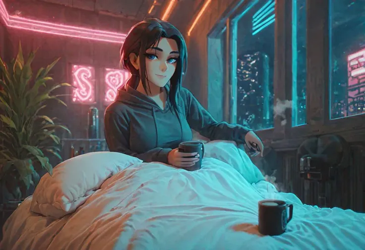 score_9,score_8_up,score_7_up,score_6_up, 1girl, 
 sitting in bed next to a large window, holding coffee cup, steaming coffee cup on windowsill, wearing croptop hoodie, black croptop hoodie, long hair, black hair, low ponytail hairstyle, pov from outside, view from putside the window looking into the room, looking out window, head resting on pillow laying on the bed, hoodie, plants on the windowsill, looking out the window, looking at viewer, background is the bedroom, tidy bedrrom, small room, cramped bedroom, teddies on the bed,, wearing legging, see through thights, black tights, cyberpunk city view out of the window, neon light, purple neon lights,