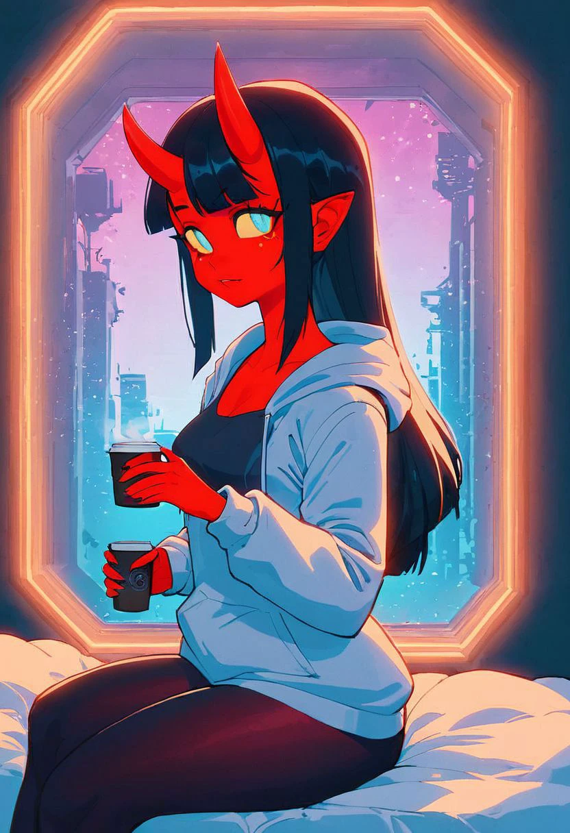 score_9,score_8_up,score_7_up,score_6_up, 1girl,
sitting in bed next to a large window, holding coffee cup, holding steaming coffee cup, wearing croptop hoodie, black croptop hoodie, long hair, black hair, blue strip in hair low ponytail hairstyle, red skin, demon girl, small horn on head, devil horns, pov from the side, sitting on the bed, hoodie, plants on the windowsill, looking out the window, looking away from viewer, background through window is vast space, galaxy background, wearing tights, leggings, black tights, thighs, night time, cyberpunk city view out of the window, neon light, purple neon lights, raining outside, heaving rain outside, girl is dry, no rain inside