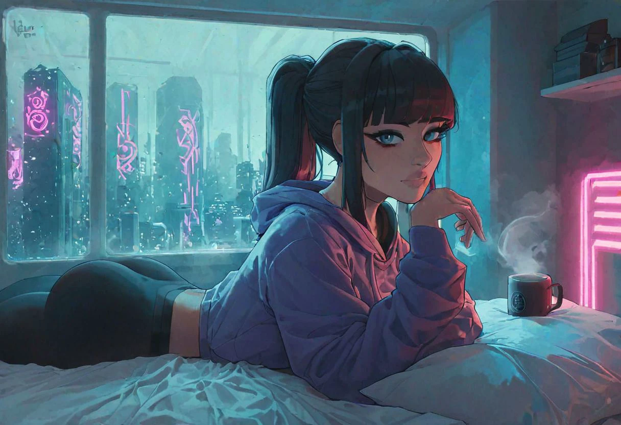 score_9,score_8_up,score_7_up,score_6_up, 1girl,
sitting in bed next to a large window, holding coffee cup, steaming coffee cup on windowsill, wearing croptop hoodie, black croptop hoodie, long hair, black hair, low ponytail hairstyle, pov from outside, view from putside the window looking into the room, looking out window, head resting on pillow laying on the bed, hoodie, plants on the windowsill, looking out the window, looking at viewer, background is the bedroom, tidy bedrrom, small room, cramped bedroom, teddies on the bed,, wearing legging, see through thights, black tights, cyberpunk city view out of the window, neon light, purple neon lights, has a vape