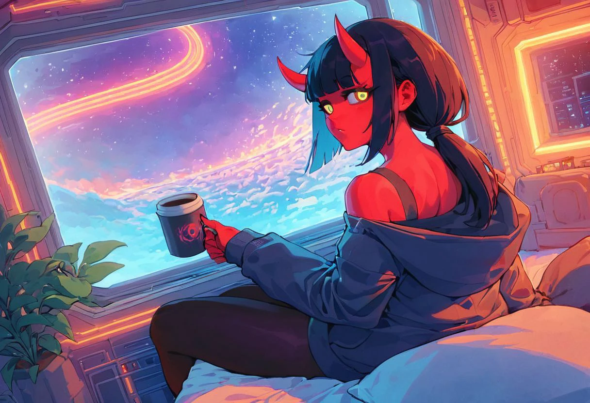 score_9,score_8_up,score_7_up,score_6_up, 1girl,
sitting in bed next to a large window, holding coffee cup, holding steaming coffee cup, wearing croptop hoodie, black croptop hoodie, long hair, black hair, blue strip in hair low ponytail hairstyle, red skin, demon girl, small horn on head, devil horns, pov from the side, sitting on the bed, hoodie, plants on the windowsill, looking out the window, looking away from viewer, background through window is vast space, galaxy background, wearing tights, leggings, black tights, thighs, night time, cyberpunk city view out of the window, neon light, purple neon lights, raining outside, heaving rain outside, girl is dry, no rain inside