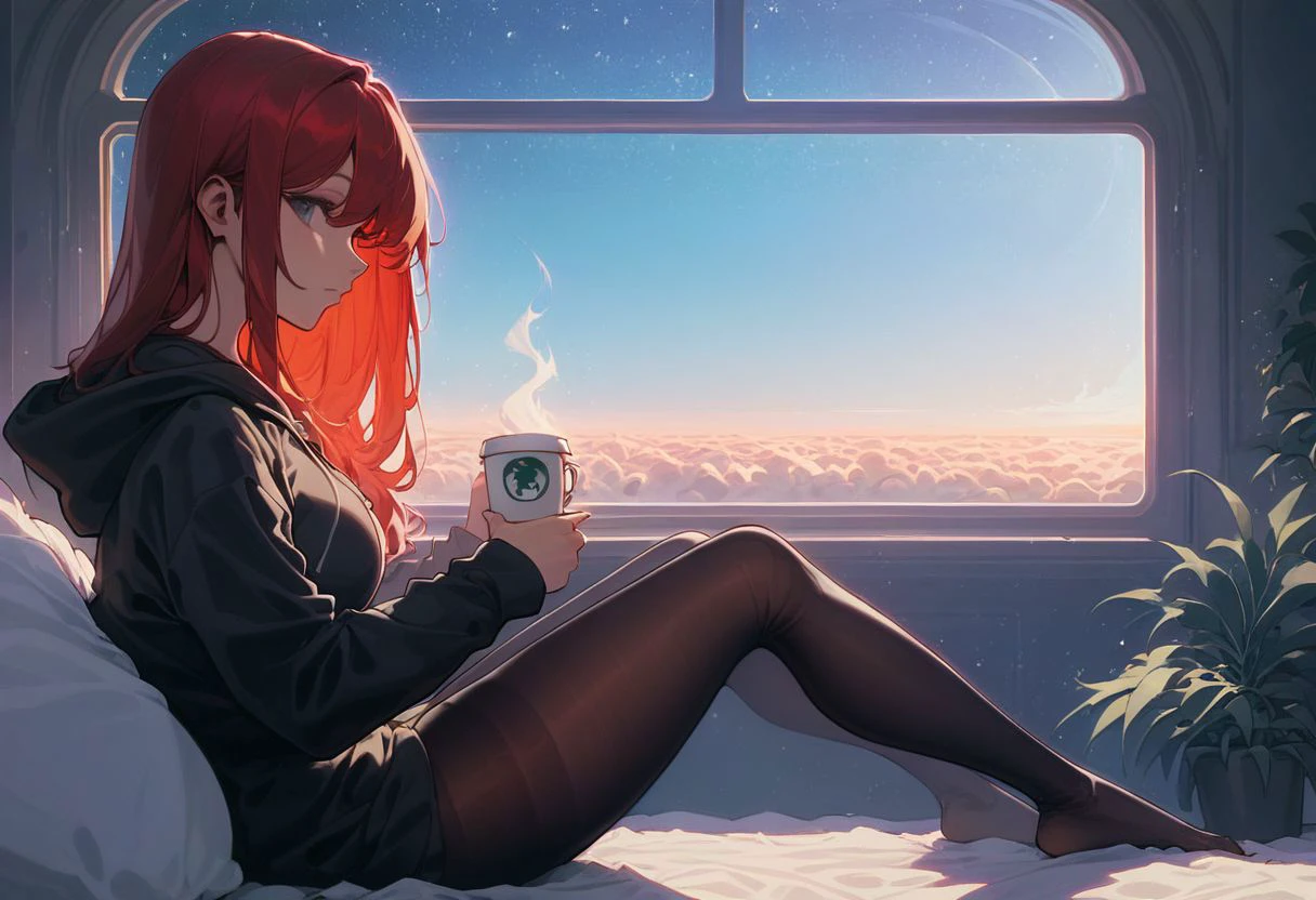 score_9,score_8_up,score_7_up,score_6_up, 1girl,
sitting in bed next to a large window, holding coffee cup, steaming coffee cup, wearing over sized hoodie, black hoodie, long hair, red hair, pov from the side, sitting with knees against chest, hoodie over legs, plants on the windowsill, looking out the window, looking away from viewer, background through window is vast space, galaxy background, wearing tights, leggings, black tights