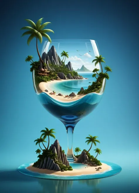 Surrealist art <lora:Glass_Islands:1> a glass with a tropical island in it, 3 d artistic render, 3d render digital art, full of glass. cgsociety, detailed digital 3d art, beautiful 3d render, surreal 3 d render, tilt shift glass background, fantasy 3 d render, gorgeous 3d render, realistic fantasy render, cool 3d visualisation, stuning fantasy 3 d render . Dreamlike, mysterious, provocative, symbolic, intricate, detailed