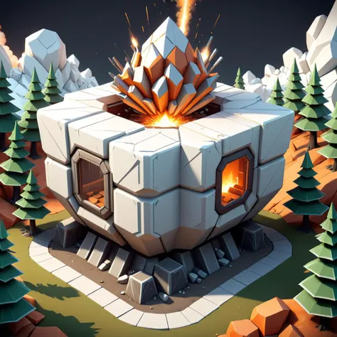 isometric style <lora:Island_Generator_Update:1> a low poly house in the forest, stylized 3d render, 3 d render stylized, futuristic outpost building, high quality lowpoly art, super detailed color lowpoly art, stylized as a 3d render, stylized concept art, stylized 3 d, stylized game art, isometric 8k, high quality voxel art, videogame 3d render with background arafed image of a large explosion of white and orange rocks, 3d digital art 4k, 4k highly detailed digital art, surreal 3d render, 3d abstract render overlayed, epic 3d abstract model, intricate artwork. octane render, 3d fractal background, 3d rendered in octane, 3d rendered in octane, abstract 3d artwork, no humans, scenery, sky, debris, cloud . vibrant, beautiful, crisp, detailed, ultra detailed, intricate