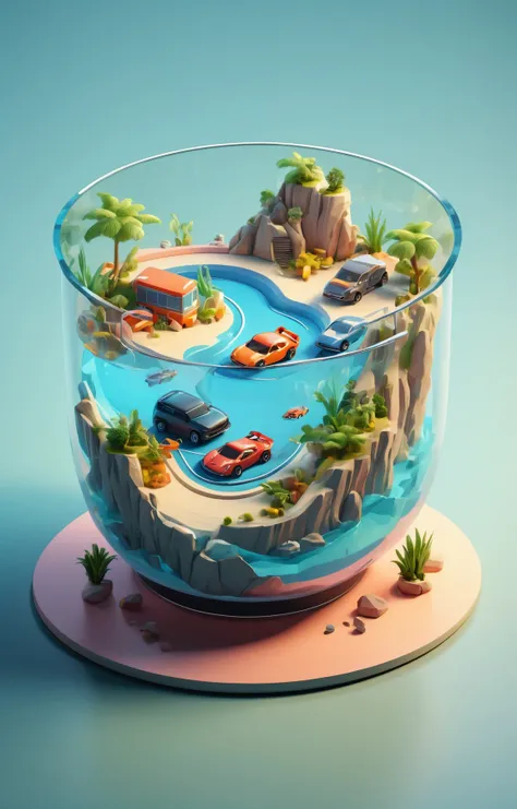 3d isometric, blender render, soft colorful-hued colors, <lora:Glass_Islands:0.75> a glass fishtank with a racetrack island in it, cars racing, highly detailed, 4k, two tone lighting, simple background