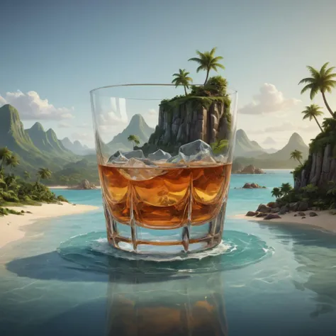 Watercolor painting (Ultrarealistic:1.3) <lora:Glass_Islands:1> a glass of whiskey with a tropical landscape in it, full of glass. cgsociety, 4k highly detailed digital art, 4k detailed digital art, surreal water art, surreal 3 d render, 3 d epic illustrations, inspired by Mike Winkelmann, 3 d render beeple, surrealistic digital artwork, 4 k hd wallpaper illustration, surreal concept art . Vibrant, beautiful, painterly, detailed, textural, artistic