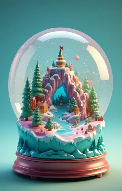 3d isometric, blender render, soft colorful-hued colors, <lora:Glass_Islands:0.75> a glass snowglobe with a christmas island in it, highly detailed, 4k, two tone lighting, simple background