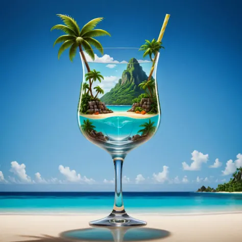 Role-playing game (RPG) style fantasy (Ultrarealistic:1.3) <lora:Glass_Islands:1> cocktail glass a cocktail glass with a tropical island in it . Detailed, vibrant, immersive, reminiscent of high fantasy RPG games
