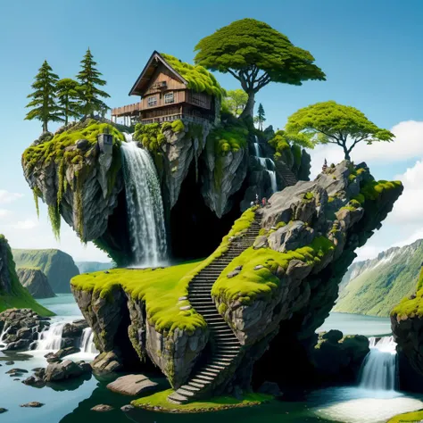 <lyco:FFusionAI-Islandgen3:1.0>, FFISLANDGEN, FFISLANDGEN ISLAND, a small island with a waterfall and trees, tree, grass, rock, water, stairs, moss, simple background, building, very wide shot <lora:wowifierXL:1>