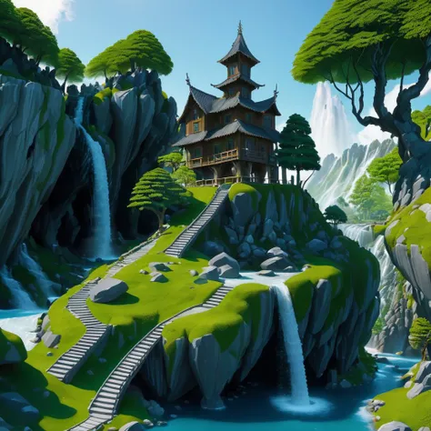 <lyco:FFusionAI-Islandgen3:1.0>, FFISLANDGEN, FFISLANDGEN ISLAND, diorama, a small island with a waterfall and trees, tree, grass, rock, water, stairs, moss, simple background, building, very wide shot <lora:wowifierXL:1>