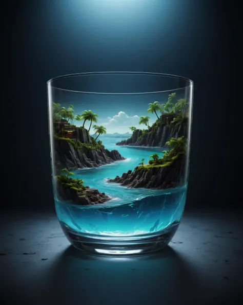 Neon noir (Ultrarealistic:1.3) <lora:Glass_Islands:1> a glass with an island in it, surreal water art, water art manipulation, tilt shift glass background, photoshop water art, water art photoshop, full of glass. cgsociety, cool 3d visualisation, ultra realistic 3d illustration, 3 d artistic render, surreal 3 d render, hyperrealistic illustration, amazing wallpaper, tropical island, realistic water, liquid glass adventure hyper realistic render . Cyberpunk, dark, rainy streets, neon signs, high contrast, low light, vibrant, highly detailed