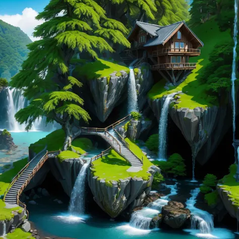 <lyco:FFusionAI-Islandgen3:1.0>, FFISLANDGEN, FFISLANDGEN ISLAND, a small island with a waterfall and trees, tree, grass, rock, water, stairs, moss, simple background, building, very wide shot <lora:wowifierXL:1>
