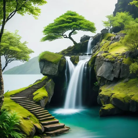 <lyco:FFusionAI-Islandgen3:1.0>, FFISLANDGEN, FFISLANDGEN ISLAND, a small island with a waterfall and trees, tree, grass, rock, water, stairs, moss, simple background, solo, bush, plant, <lora:wowifierXL:0.5>