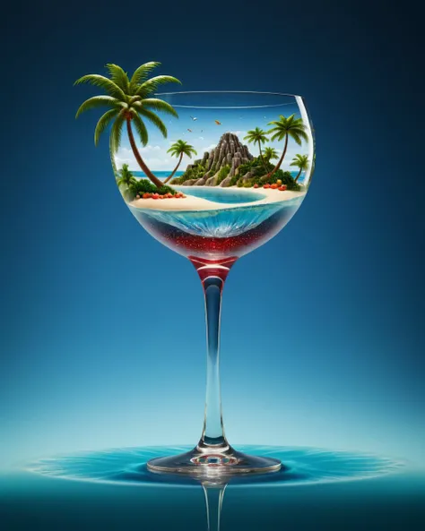 Pointillism style (Professional 3D rendering:1.3) of (Realistic:1.3) <lora:Glass_Islands:1> a glass with a palm tree and island in it, surreal water art, cocktail in an engraved glass, glass refraction, liquid glass, surreal object photography, tilt shift glass background, garden behind the glasses, floating liquid, surreal glass goblets, wineglass, water art manipulation, tropical island, transparent liquid, wine glass, by Matthias Weischer,CGSociety,ArtStation . Composed entirely of small, distinct dots of color, vibrant, highly detailed