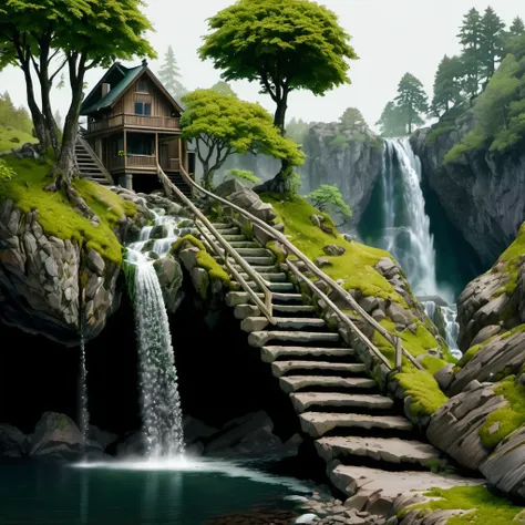 <lyco:FFusionAI-Islandgen3:1.0>, FFISLANDGEN, FFISLANDGEN ISLAND, a small island with a waterfall and trees, tree, grass, rock, water, stairs, moss, simple background, solo, bush, plant, <lora:wowifierXL:1>