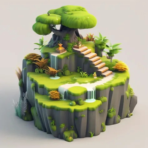 ffchromo ffislandgen a small island with a waterfall and trees, ffislandgen, ffislandgen island, tree, grass, rock, water, stairs, 1boy, moss, pokemon (creature), sitting, outdoors, male focus, grey background, solo, bush, plant