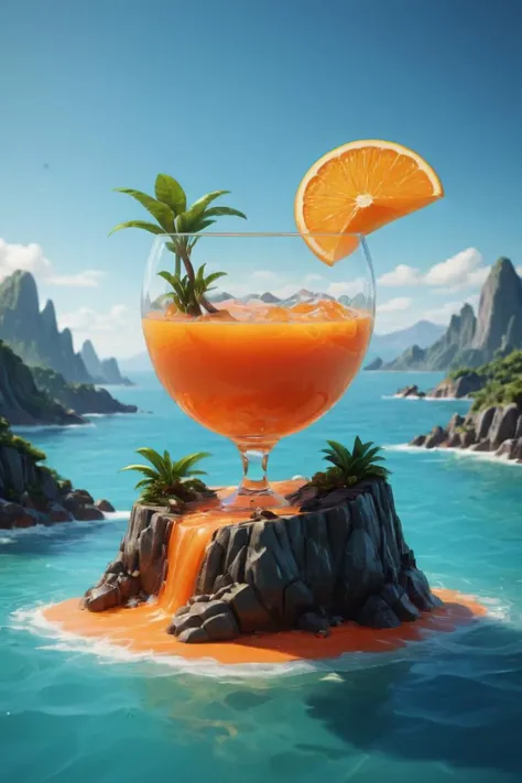 Abstract style (Ultrarealistic:1.3) <lora:Glass_Islands:1> a glass of orange juice on a rock, inspired by Mike Winkelmann, by Mike Winkelmann, surreal 3 d render, in the art style of filip hodas, an island made of red caviar, inspired by Filip Hodas, by Matthias Weischer, in style of 3d render, 3 d render beeple . Non-representational, colors and shapes, expression of feelings, imaginative, highly detailed