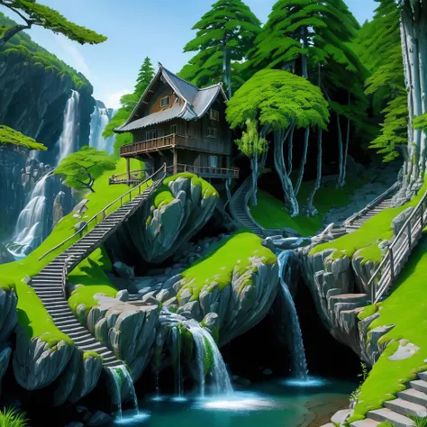 <lyco:FFusionAI-Islandgen3:1.0>, FFISLANDGEN, FFISLANDGEN ISLAND, a small island with a waterfall and trees, tree, grass, rock, water, stairs, moss, simple background, building, very wide shot <lora:wowifierXL:1>