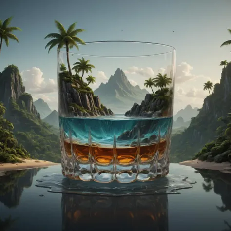 Gothic style (Ultrarealistic:1.3) <lora:Glass_Islands:1> a glass of whiskey with a tropical landscape in it, full of glass. cgsociety, 4k highly detailed digital art, 4k detailed digital art, surreal water art, surreal 3 d render, 3 d epic illustrations, inspired by Mike Winkelmann, 3 d render beeple, surrealistic digital artwork, 4 k hd wallpaper illustration, surreal concept art . Dark, mysterious, haunting, dramatic, ornate, detailed