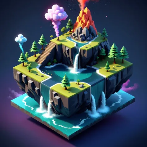 isometric style (Professional 3D rendering:1.3) of (Cel shading:1.3) <lora:Island_Generator_Update:1> a low poly island with a waterfall and trees, 3 d render stylized, stylized 3d render, high quality voxel art, stylized as a 3d render, isometric island in the sky, 3 d low poly render, 3d low poly render, isometric voxel art, super detailed color lowpoly art, low poly 3 d render with background a brightly colored cloud of smoke and smoke bubbles in a dark room, colorful octane render, cinema 4d colorful render, an explosion of colors, splashes of neon clouds, colorful vivid octane render, surreal colors, color ink explosion, explosion of colors, colorful explosion, beautiful octane render, dmt imagery. octane render, surrealism 8k, colorful redshift render, bubble, no humans,CGSociety,ArtStation . vibrant, beautiful, crisp, detailed, ultra detailed, intricate