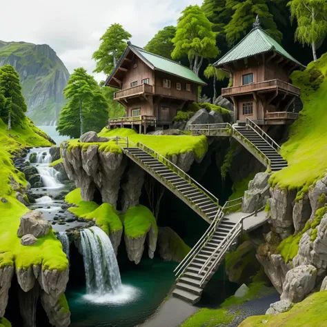 <lyco:FFusionAI-Islandgen3:1.0>, FFISLANDGEN, FFISLANDGEN ISLAND, a small island with a waterfall and trees, tree, grass, rock, water, stairs, moss, simple background, building, very wide shot  <lora:wowifierXL:1>