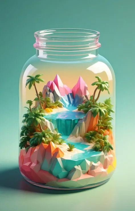 3d isometric, blender render, soft colorful-hued colors, <lora:Glass_Islands:0.75> a glass jar with a tropical island in it, highly detailed, 4k Two tone lighting, abstract geometric gradients, geometric shapes, simple background