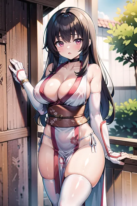 masterpiece, best quality, highres, 1girl, solo, white tunic, pelvic curtain, pink obi, cleavage, bridal gauntlets, elbow gloves, outdoors, <lora:DOA_-_Kasumi_white_kunoichi:0.8>