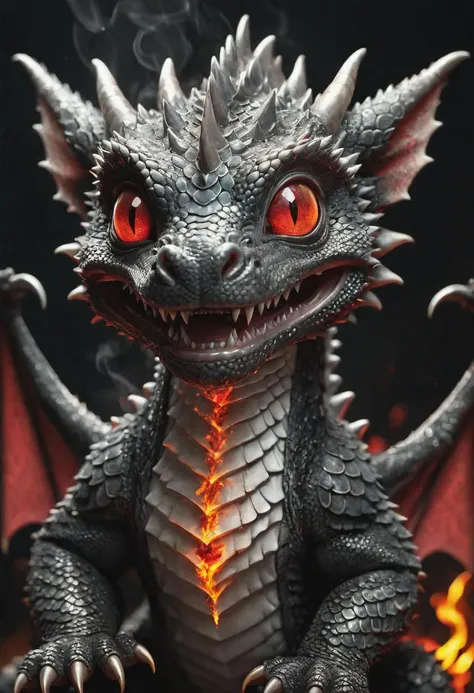 gleaming charcoal smiling baby dragon with blood accents, (cute), radiating light, amidst brilliance, symetrical hyperdetailed texture, (fire coming out from nose), smoke, pearl filigree, concept art, artstation,  perfect composition, masterpiece, glittering professional photography, macro, natural lighting, canon lens, shot on dslr 64 megapixels sharp focus ethereal