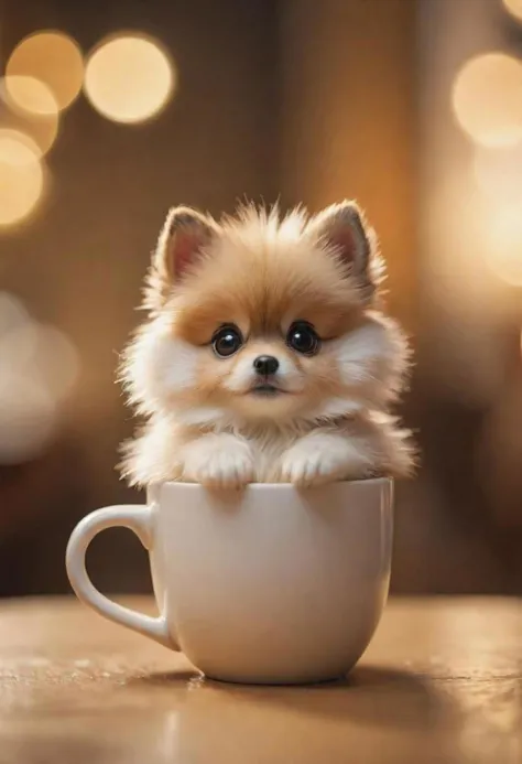 "(Masterpiece:1.3), (8K, photorealistic, RAW photo, best quality:1.4), adorable, extra smooth fur, fluffy, HD, realistic eyes, playful expression, tiny breed, cup-shaped object, cozy setting, soft lighting, shallow depth of field, cute, lovable, warm tones, whimsical atmosphere, tight framing, close-up focus, bokeh background