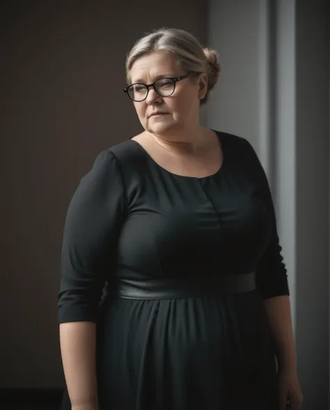 photo of a Danish aged woman, (full body shot), (dry skin), (whole body:1), (distance shot:1), (candid shot), chubby, wearing a black dress, black rim glasses, age 25, cinematic lighting, dark theme, bokeh