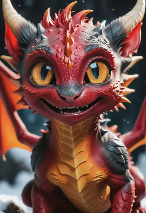 dynamic shot of a beautiful red charcoal and (amber:1.2) baby-dragon|cat|icebreathing hybrid, (beautiful eyes, up close:1.3), macro, mythological creature, dream world, festive Christmas,
