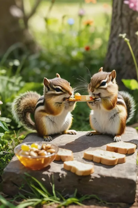 A heartwarming moment in a sun-drenched garden, where a group of chipmunks has staged an impromptu picnic, nibbling on tiny sandwiches and sipping acorn tea (chipmunk picnic:0.9, sun-drenched garden:0.8, impromptu tea party:0.7). Ultra realistic, (candid photo), natural lighting, 8k, hd