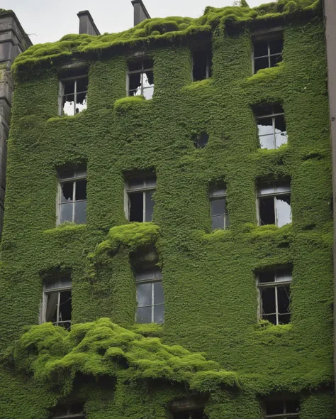 A decaying cityscape, overgrown with nature's grasp, where ivy and moss blanket the shattered remains of buildings, a haunting contrast between life's persistence and the scars of destruction. (((decaying cityscape))) (((nature's grasp))) (((overgrown ivy moss))) (((scars of destruction))).